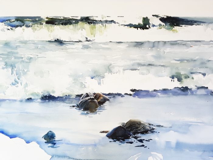 Processbild av akvarellen "Vågrytmer"