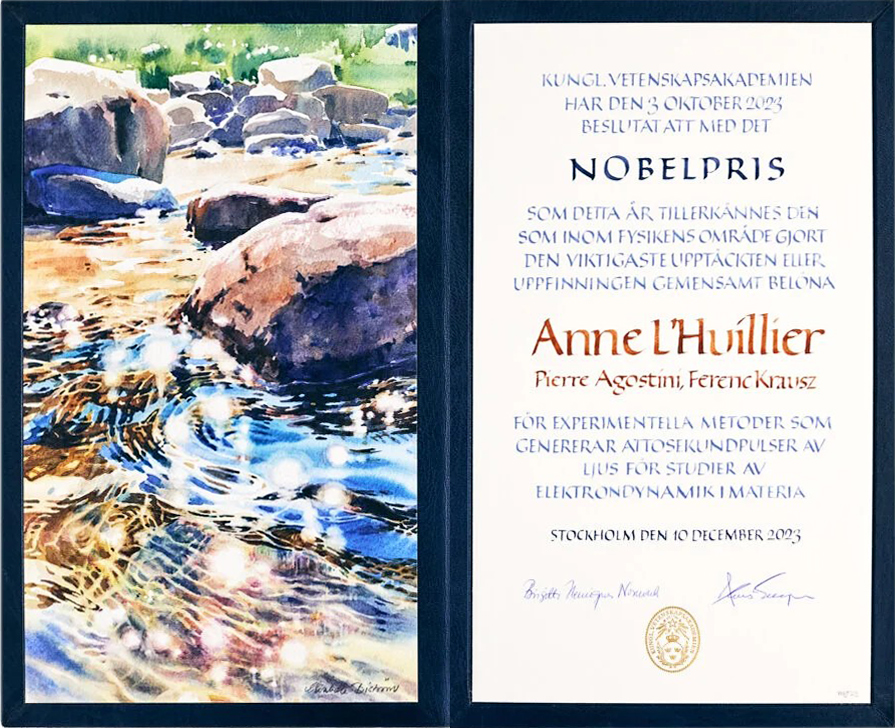 Nobel diploma for physics laureate Anne L'Huillier with artwork from Elisabeth Biström