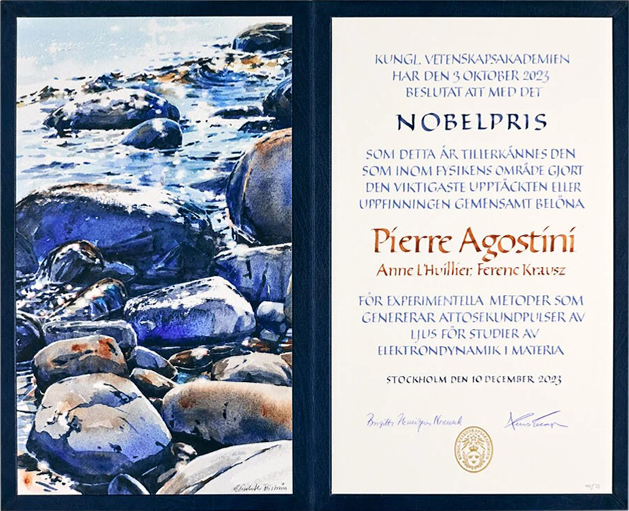 Nobel diploma for physics laureate Pierre Agostrini with artwork from Elisabeth Biström