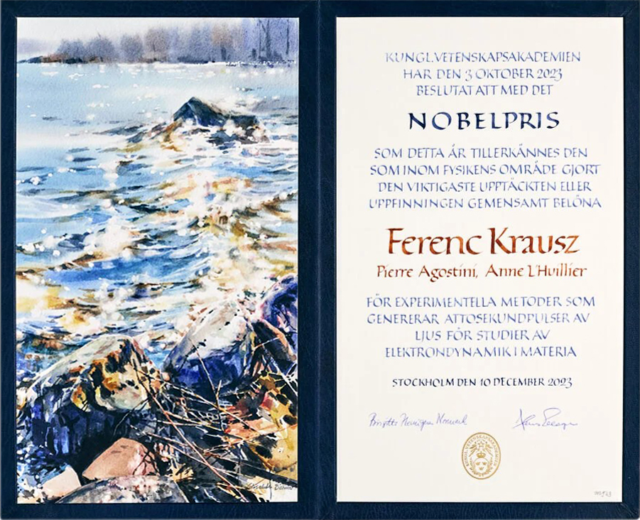 Nobel diploma for physics laureate Ferenc Krausz with artwork from Elisabeth Biström