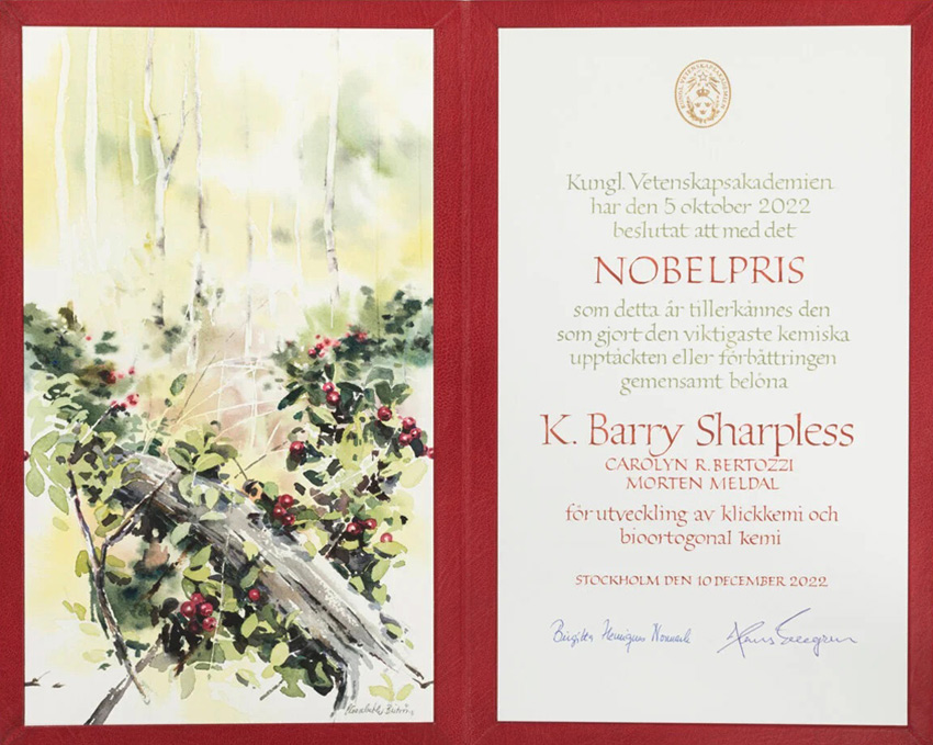 Nobel diploma for chemistry laureate Barry Sharpless with artwork from Elisabeth Biström
