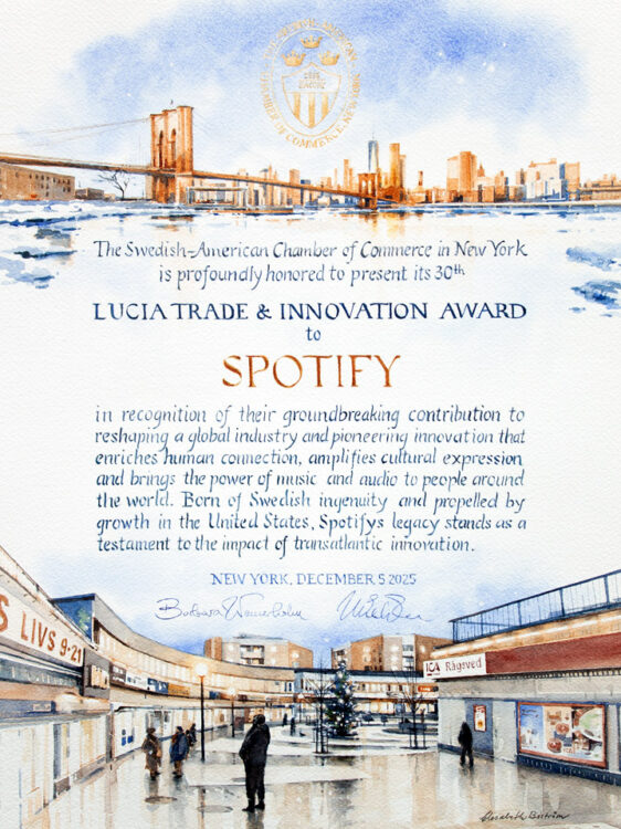 Diploma painted by Elisabeth Biström, for the Swedish-American Chamber of Commerce in New York, awarded to Spotify 2025.